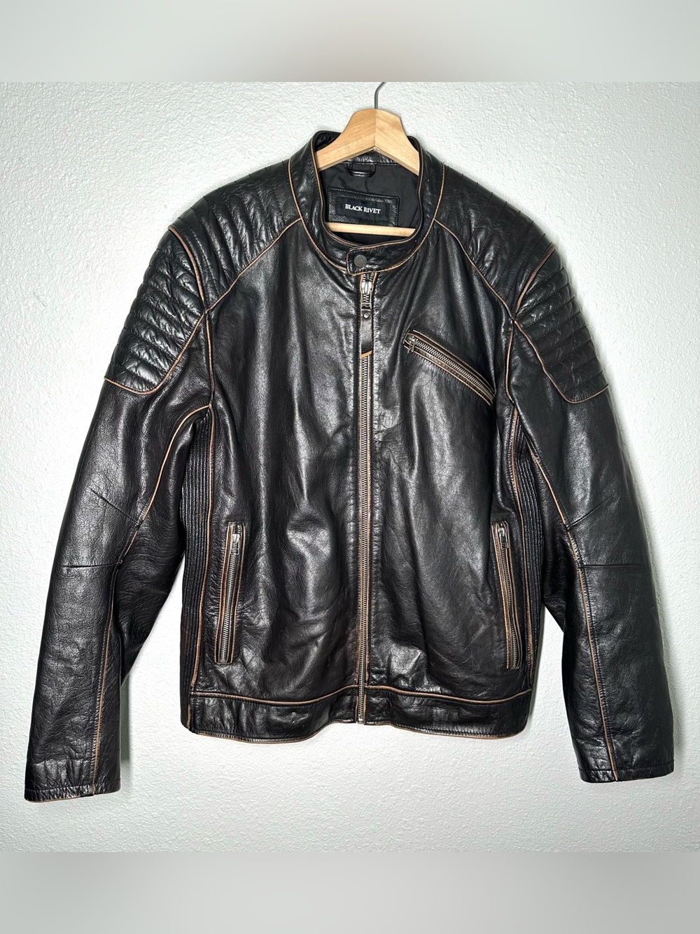 Black Rivet Men's Leather Coat Full Zip Brown Bomber Biker Jacket Size XL
